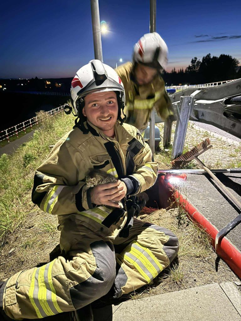 Strażak z uratowanymi kotkami