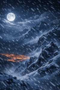 Zimowa noc w Tatrach, silny wiatr i zacinający śnieg, zaśnieżone góry przy świetle księżyca, na horyzoncie światła miasta – niebezpieczne warunki pogodowe na Sylwestra