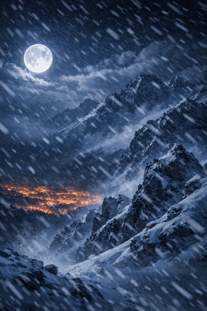 Zimowa noc w Tatrach, silny wiatr i zacinający śnieg, zaśnieżone góry przy świetle księżyca, na horyzoncie światła miasta – niebezpieczne warunki pogodowe na Sylwestra