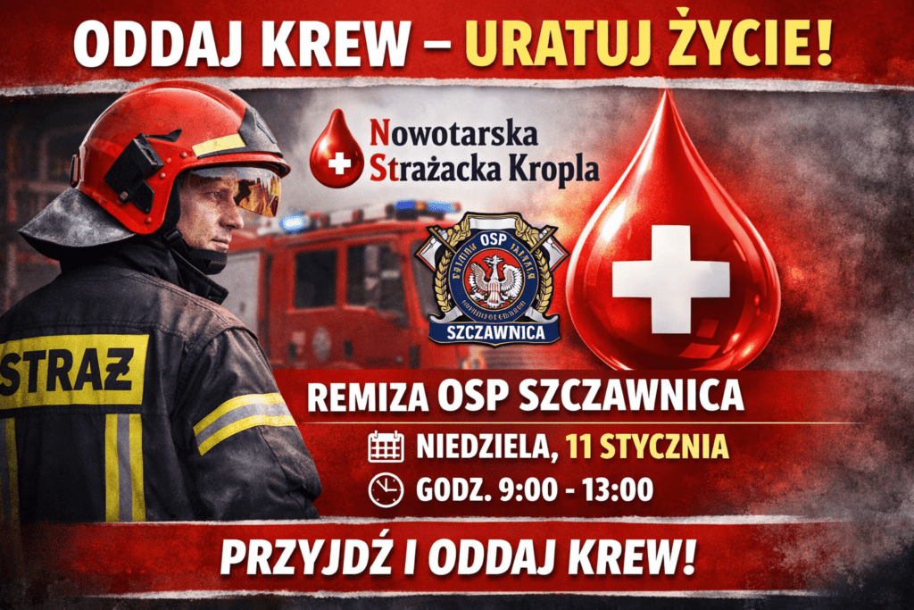 Strażak OSP Szczawnica oraz grafika kropli krwi zachęcające do udziału w zbiórce krwi w remizie OSP Szczawnica