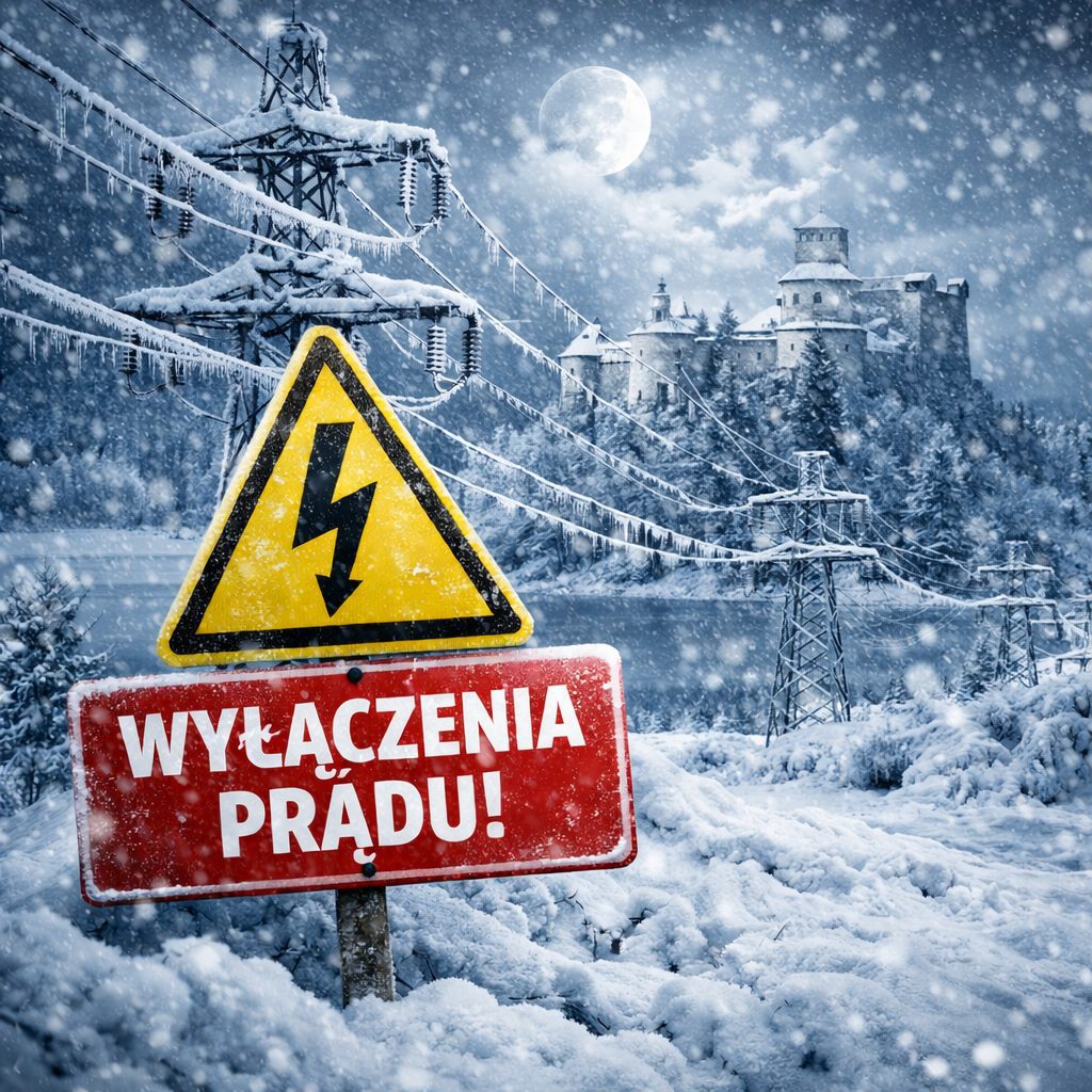 Planowane wyłączenia prądu w Pieninach – zimowy krajobraz z zamkiem w Niedzicy i liniami energetycznymi