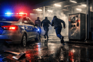 Pościg policji za mężczyzną przy myjni w Krościenku nad Dunajcem, radiowóz z włączonymi światłami i leżąca siekiera na mokrym asfalcie.”