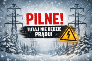 PILNE – planowane przerwy w dostawie prądu, linie energetyczne w zimowym krajobrazie leśnym