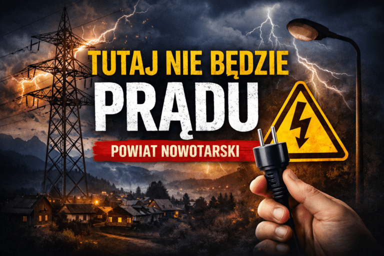 Grafika informacyjna o planowanych wyłączeniach prądu w powiecie nowotarskim. Na tle ciemnej, burzowej scenerii z linią energetyczną i zabudową wsi widoczny jest napis: »Tutaj nie będzie prądu – powiat nowotarski«, znak ostrzegawczy z symbolem pioruna oraz wtyczka elektryczna trzymana w dłoni.”