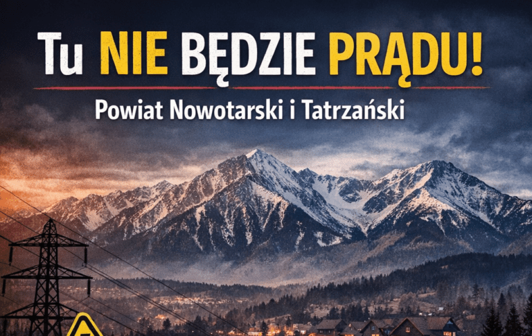 Grafika informacyjna o planowanych wyłączeniach prądu w powiatach nowotarskim i tatrzańskim. W tle widoczne Tatry o zmierzchu oraz linie wysokiego napięcia. Na środku duży nagłówek „Tu NIE BĘDZIE PRĄDU!” oraz lista miejscowości i dat wyłączeń (4–9 marca 2026). Na dole numer alarmowy 991 oraz ilustracje świecy, latarki i radia symbolizujące przygotowanie na brak energii elektrycznej.